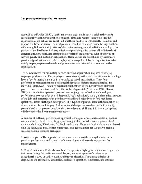 comments for performance appraisal